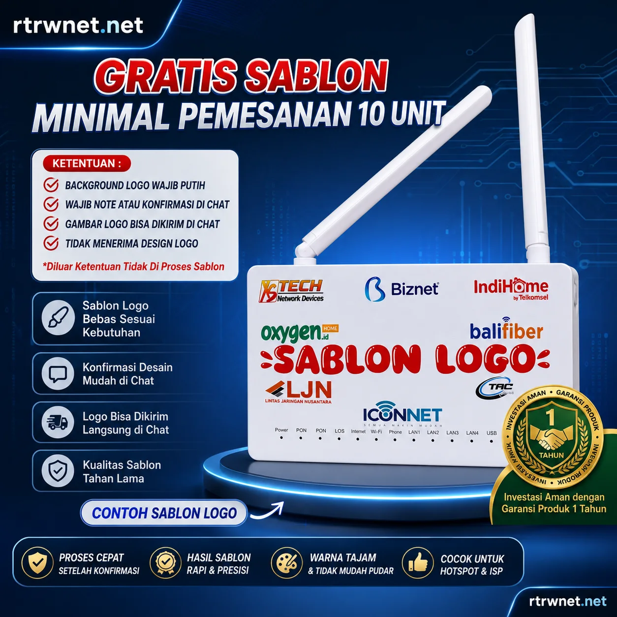 Gambar referensi menampilkan perangkat ONT berantena eksternal dengan contoh sablon logo